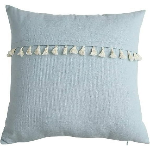 Nvzi Decorative Square Throw Pillow Cover with Tassels for Couch Bed Sofa Super Soft Solid Accent Cushion Case (Light Blue,18"x18")