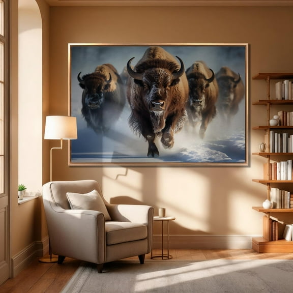 Herd Of Buffalo Running Through A Snowy Field Wall Art Wild Animal Wall Art Decor Bison Rustic Decor Art UNFRAMED Poster, Wall Art for Decor, Present, 8x12