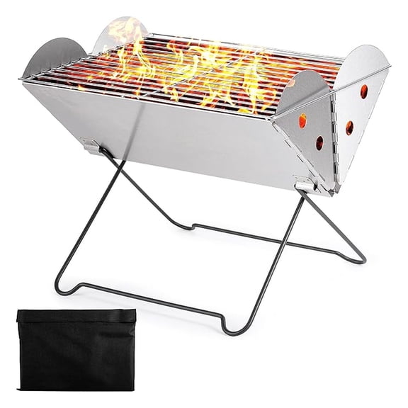 Camping Grill Stainless Steel, Portable Charcoal BBQ Grill, Foldable Flatpack for Hiking, Picnics - Versatile Outdoor Cooking