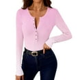 thumbnail image 6 of Josdec Women's Slim Fit T‑Shirt Gradient‑Print Henley Button‑V‑Neck Ribbed Long Sleeve Casual Pullover Tops S‑XXL, 6 of 10