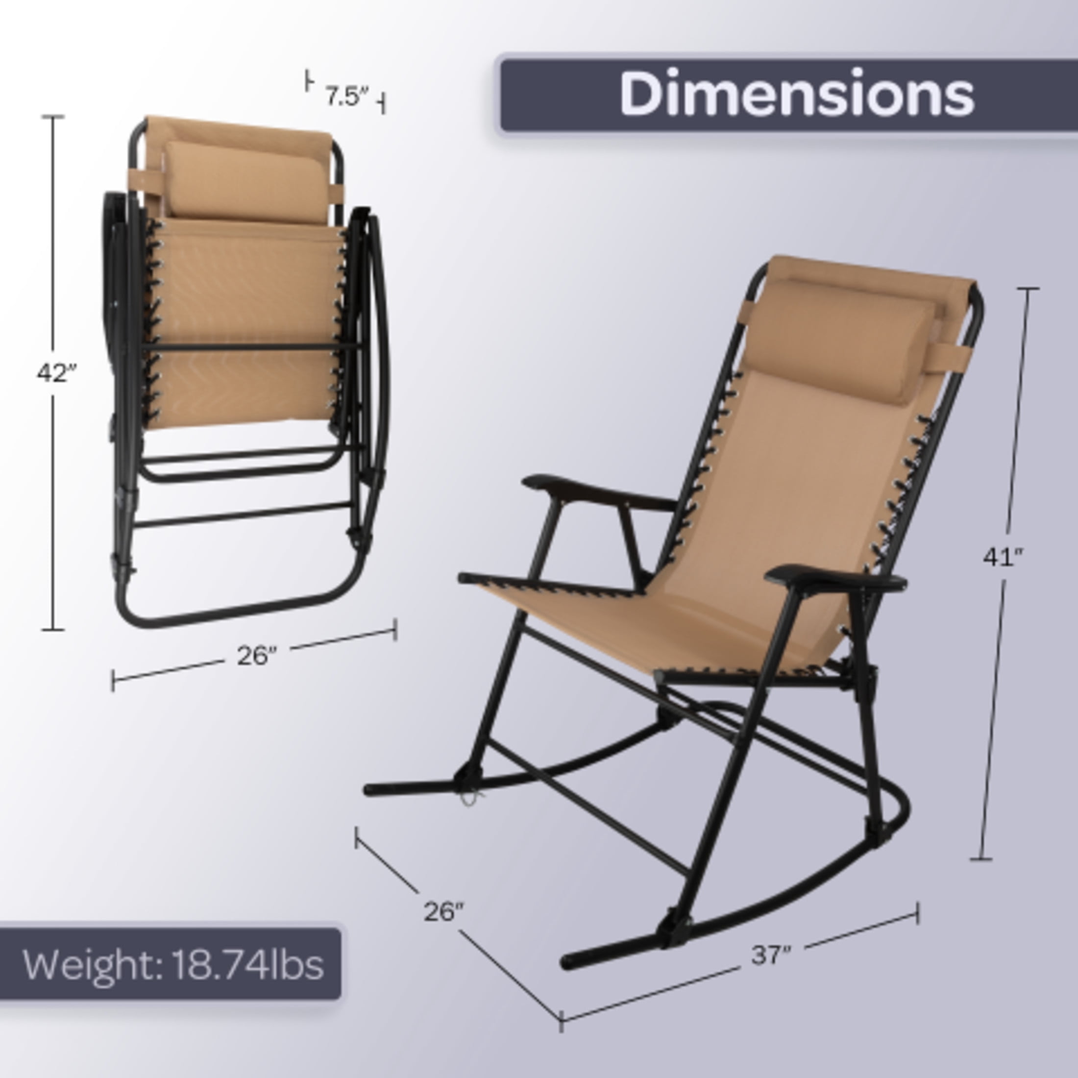 Lavish Home Outdoor Rocking Chair – Foldable Camping Chair with Pillow, Bungee Support and 309 lbs Capacity, Beige