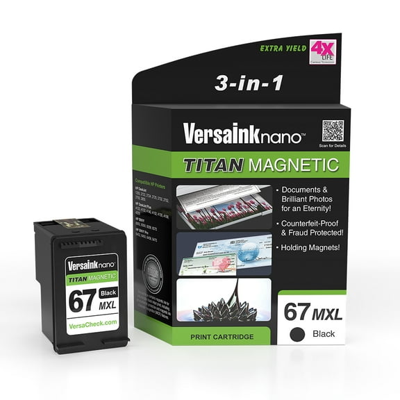 VersaInk-nano HP 67 MXL Titan-Magnetic (MICR 3-in-1) Black Ink Cartridge replacement of HP 67 and 67 XL, works with HP DESKJET 2723,2734,2755,2855,4133,4155,4255, ENVY 6055,6075,6455,6475
