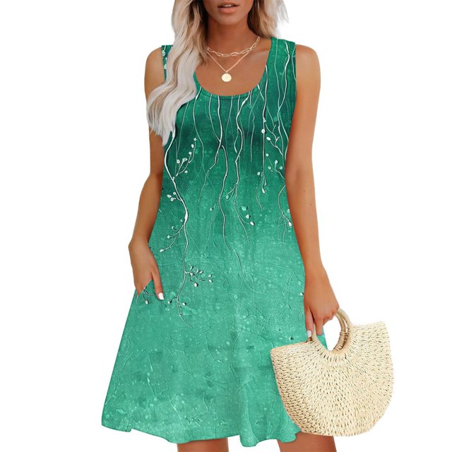 FcBaudy Robe Sans Manches à Col Rond, Robes d'Été pour Femmes, Robes pour Femmes Robe Décontractée Ample d'Été Imprimée Ensemble Haut/chemise Sans Manches à Col en V Robe pour Femme