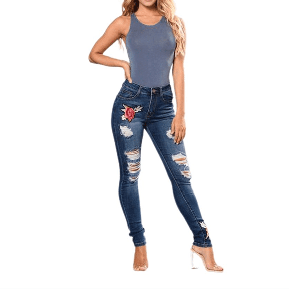 POINTERTECK X Flower Embroidered Ripped Jeans for Women Casual Big - Main Image