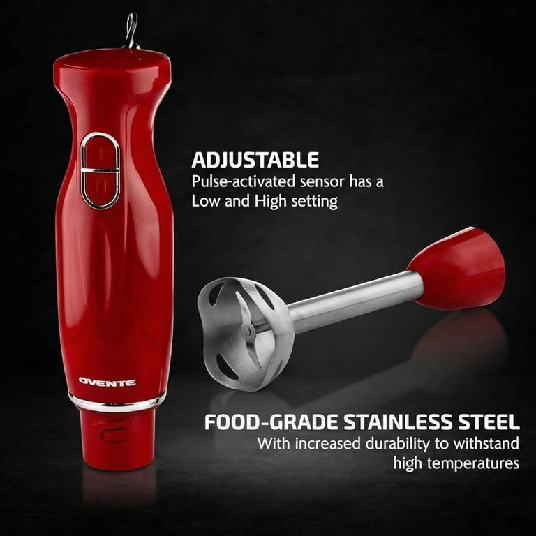 OVENTE Electric Hand Blender 300W, 2 Speeds, Stainless Steel, Red