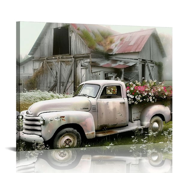Chilfamy  Rustic Farmhouse Barn Canvas Wall Art Framed Misty Countryside Field Landscape Painting Rusty Old Truck Loaded With Flowers Picture Prints for Living Room Office Decor 20x16in
