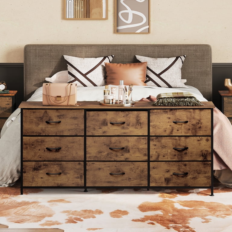 brown 9 drawer dresser for bedroom GALAXHERO Drawers Bedroom, 54''W Rustic Fabric Dresser with Wood Top, TV Stand for 65'' TV, Wide Chest of Drawers for Closet, Mid century