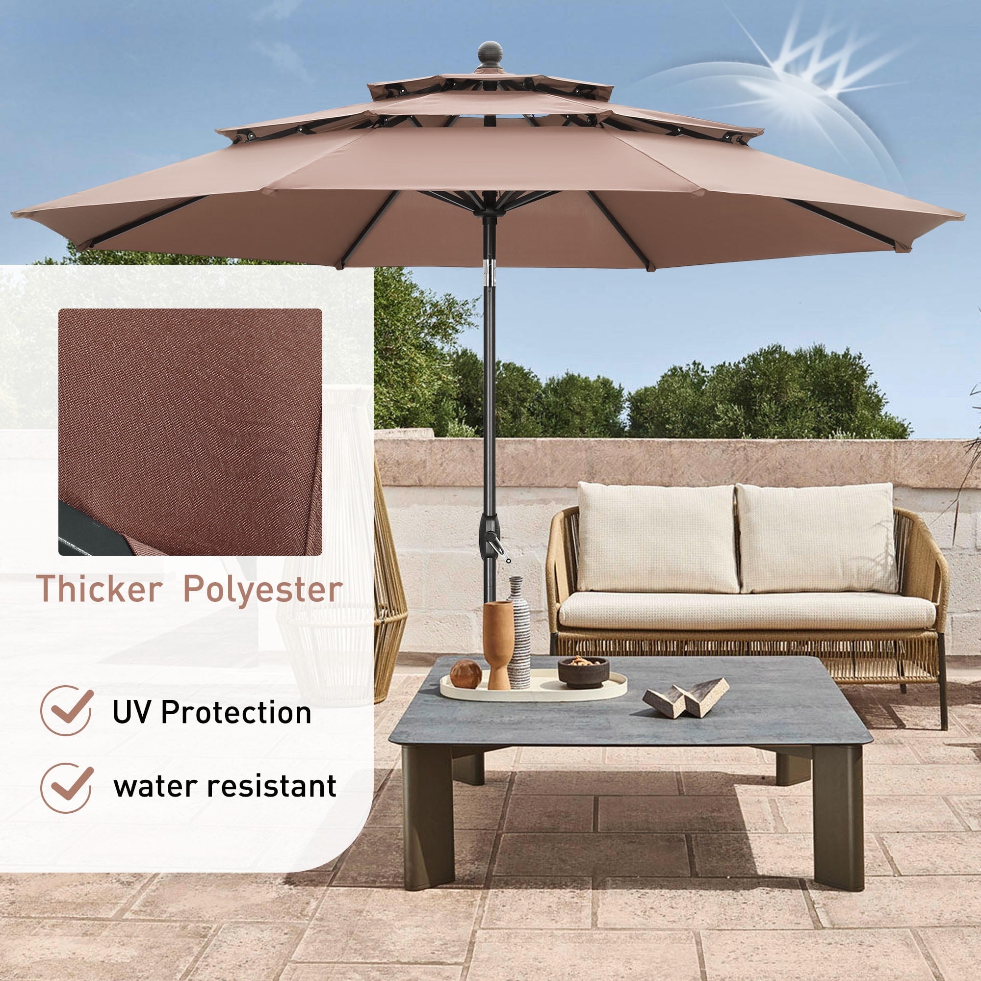 Autlaycil 10ft Brown Outdoor Patio Umbrella with 3 Tiers, Push Button Tilt and Crank for Garden Lawn Backyard Pool