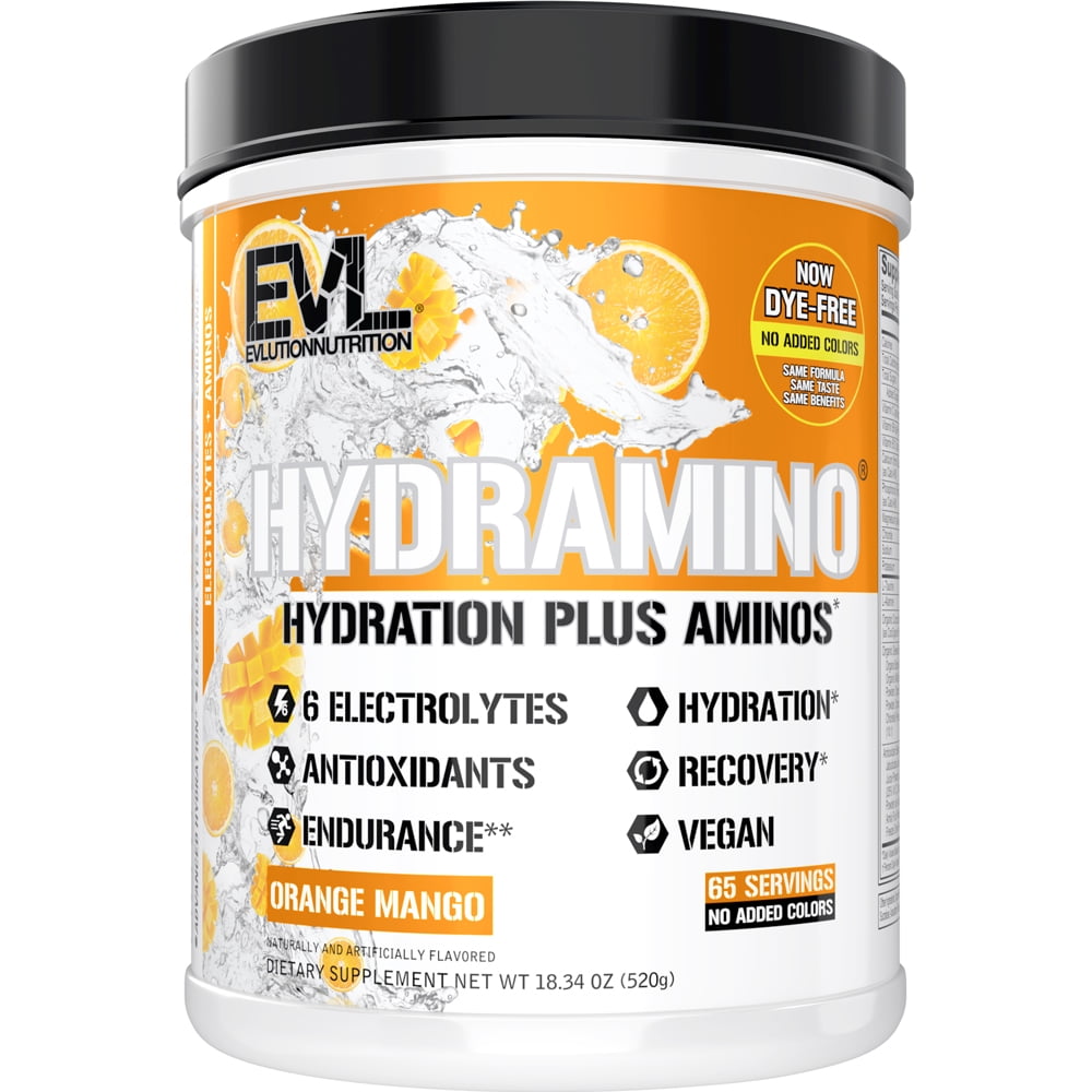 HYDRAMINO Electrolyte Drink Mix 65 Servings - Essential Amino Acid & Vitamin B Complex - Evlution Nutrition Coconut Water Hydration Powder, Orange Mango Flavor (Dye-Free)