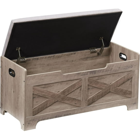 Senfot Storage Chest, Entryway Bench with Storage, Wood Storage Chest with Seating and 2 Safety Hinge, Farmhouse Storage Chest Trunk for Bedroom, Living Room, Grey,100cm