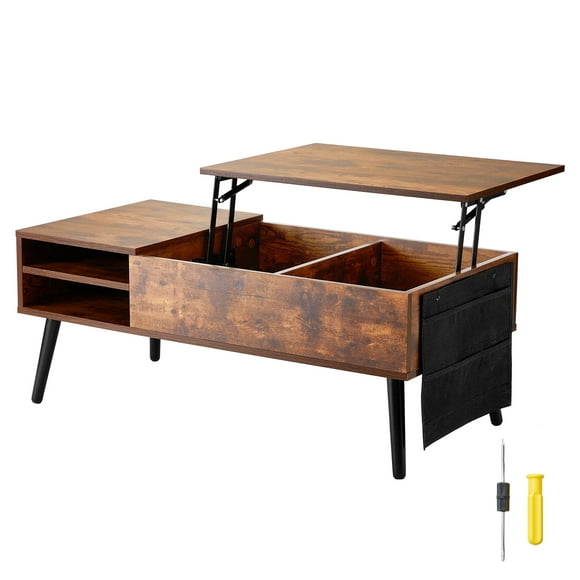 KFFKFF Elevating Coffee Table, 39.4 in Rectangular Table with Additional Storage Compartments, Adjustable Shelves for Living Room, Brown