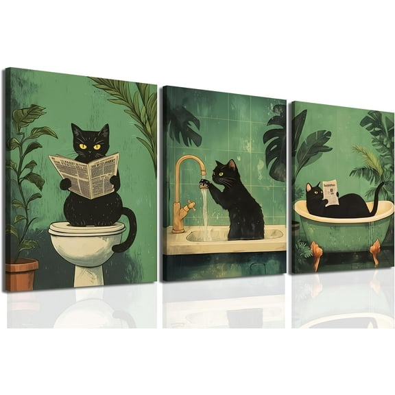 Funny Bathroom Wall Art Set of 3, Maximalist Black Cat Bathroom Wall Decor Paintings, Cute Animal Restroom Poster Canvas Prints Pictures 16x24 inch d
