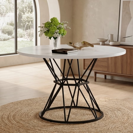 47 Modern Circular Dining Table with 4 White Marble Patterned MDF Tabletop and Black Hourglass Shaped Metal Bracket for Kitchen Dining Room