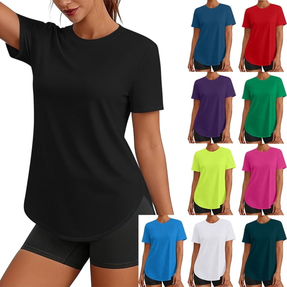 Dvprdro Womens Workout Crew Neck T Shirts Side Slit Short Sleeve Solid Loose Fit Breathable Summer Tees