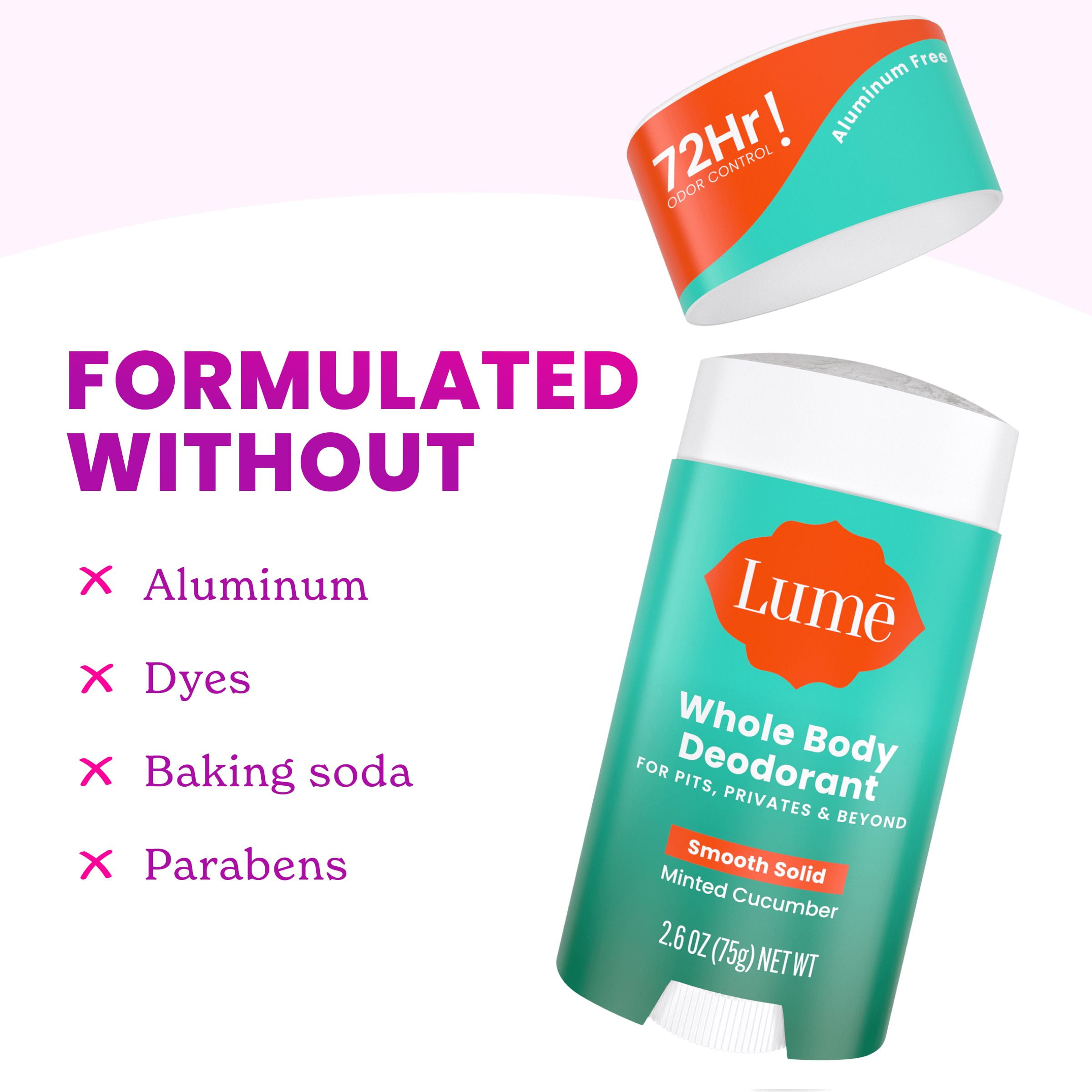 Lume Whole Body Aluminum Free Deodorant Stick, Minted Cucumber, 2.6 oz