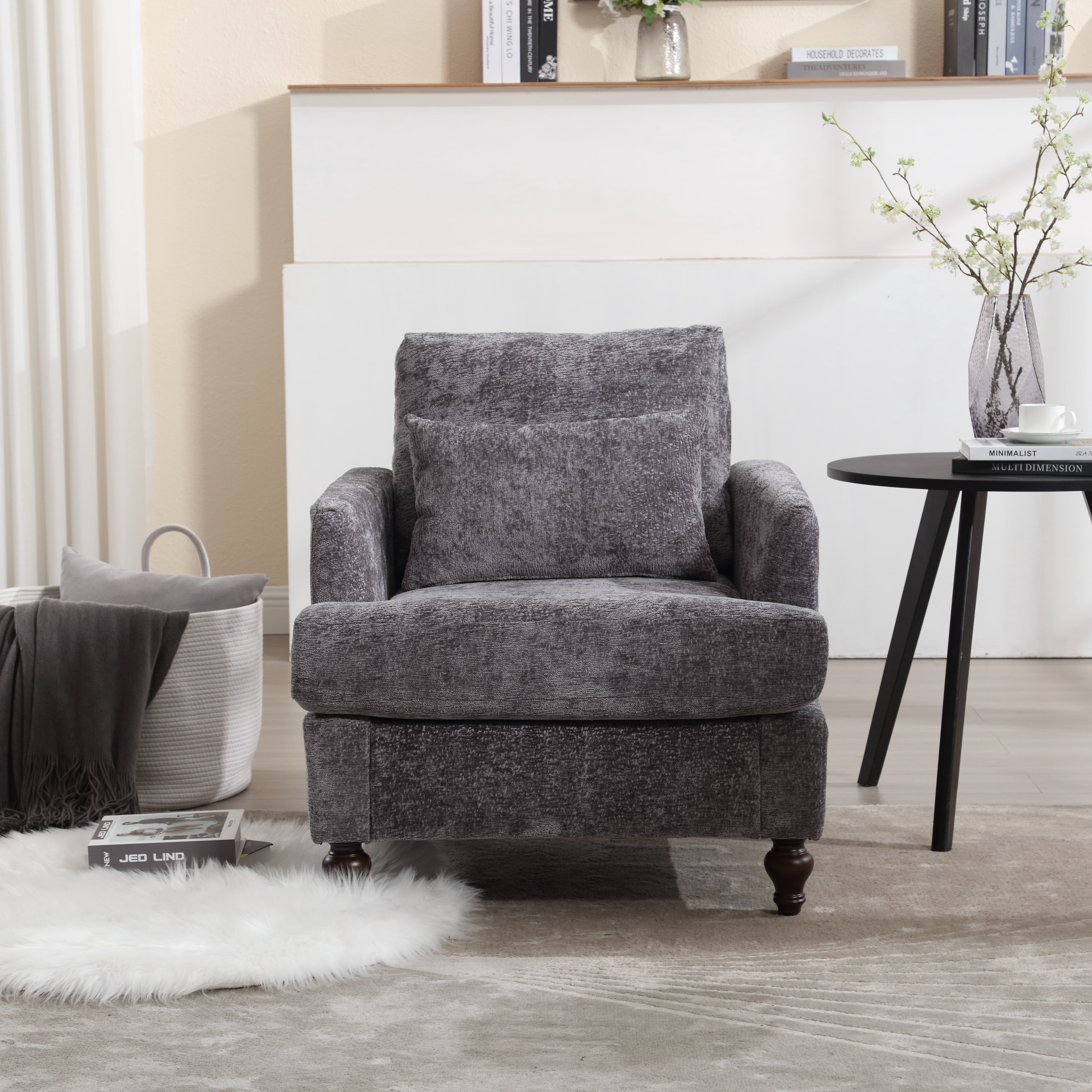 MAYEERTY Wood Frame Armchair, Modern Accent Chair Lounge Chair Tufted Club Chair, Mid Century Modern Arm Chairs with Studded, Solid Wood Frame, for Bedroom, Reading (Gray Chenille)