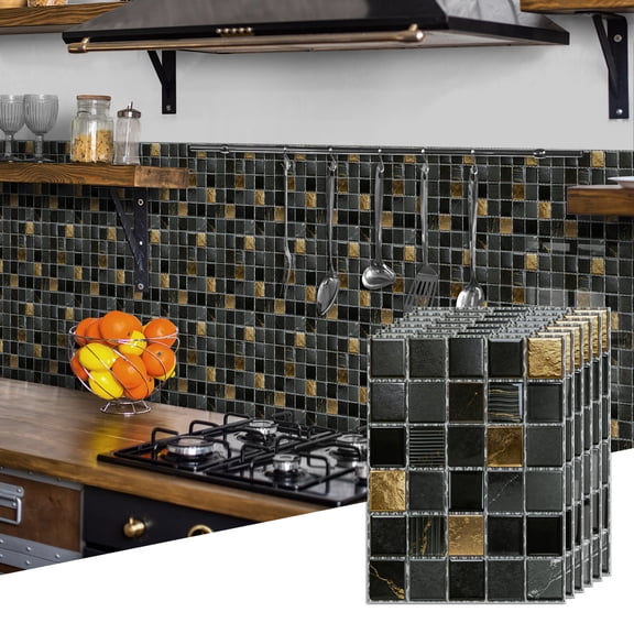6Pcs  Waterproof Tiles Stickers  Wall Decals  9" x 6.7" Black Gray Gold Mosaic Brick Self Adhesive Peel and Stick Kitchen Backsplash