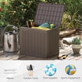 thumbnail image 3 of JYLP 25 Gallon Brown Wicker Texture Outdoor Storage Box, Waterproof PP Deck Box with Lockable Lid, Multi-Functional Patio Storage Bench, 3 of 6