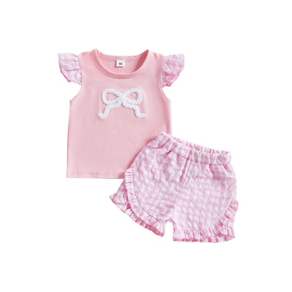 Toddler Baby Girl Summer Clothes Set 6 12 18 24 Months 2T 3T Bow Embroidery Flying Sleeve Round Neck Tops Plaid Ruffled Shorts Outfit