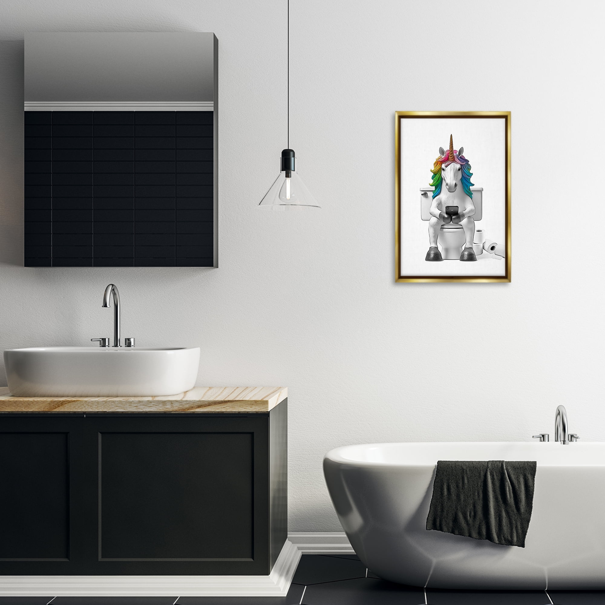 Stupell Industries Unicorn Texting on Toilet Typography Painting Gold Floater Framed Canvas Art Print Wall Art, 17 x 25