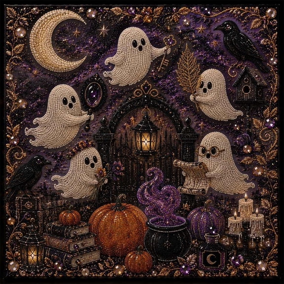 Halloween Diamond Art Kit, Square Shaped Rhinestone Ornament with Pumpkin Moon Ghost Lantern Designs, DIY Handmade Art Painting Decoration for Indoor Window Wall Desktop Fireplace Decor, 7.8In