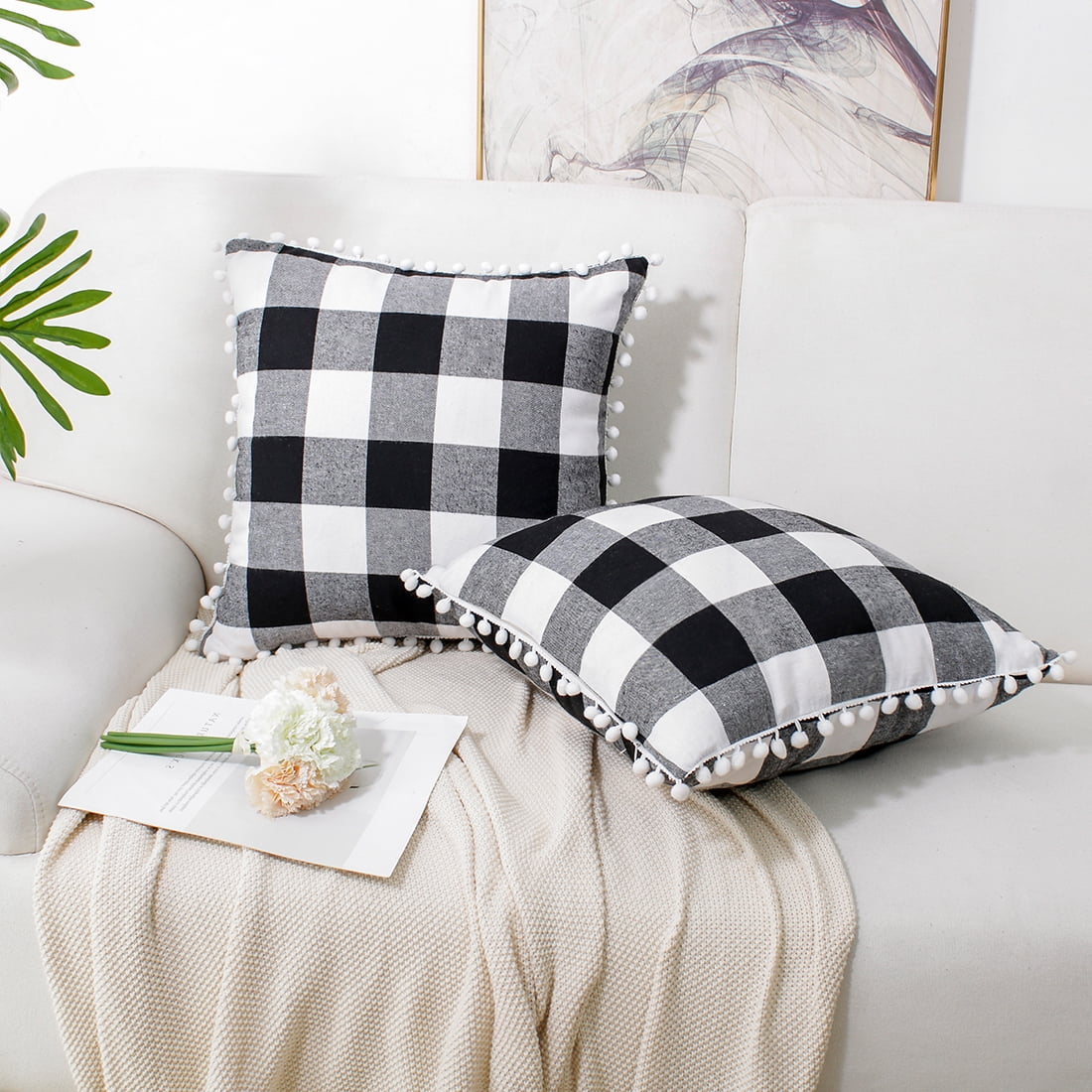 Unique Bargains 2-Pack Retro Pom Decorative Throw Pillow Covers 18" x 18" Black and White