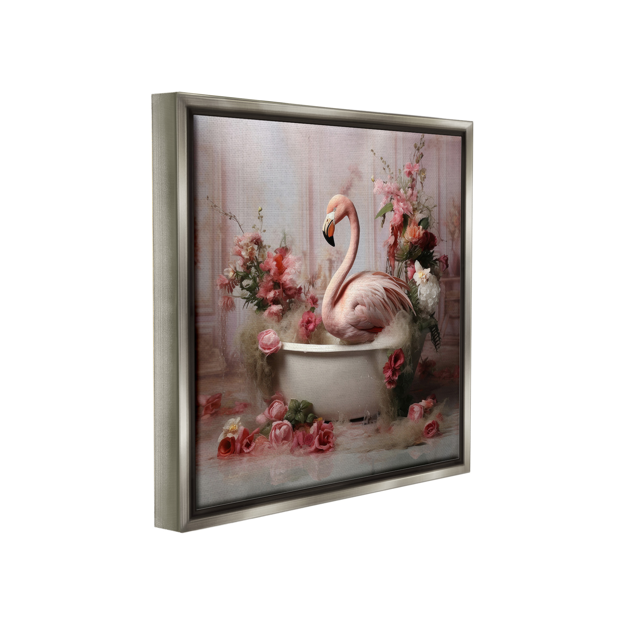 Stupell Industries Flamingo in Stately Bathroom Animals & Insects Painting Gray Floater Framed Canvas Art Print Wall Art, 18 x 18