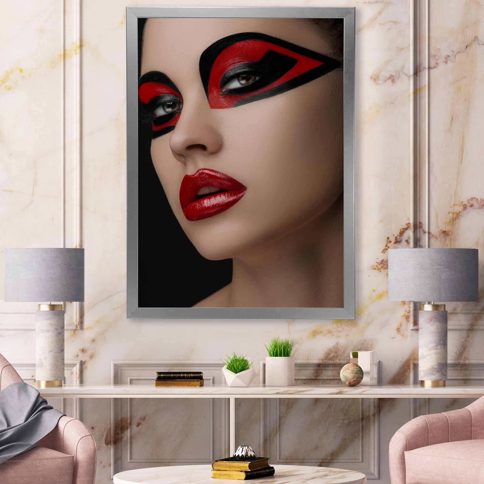 Designart 'Red Lips Black Makeup On The Eyes of Mask Girl' Modern Framed Art Print