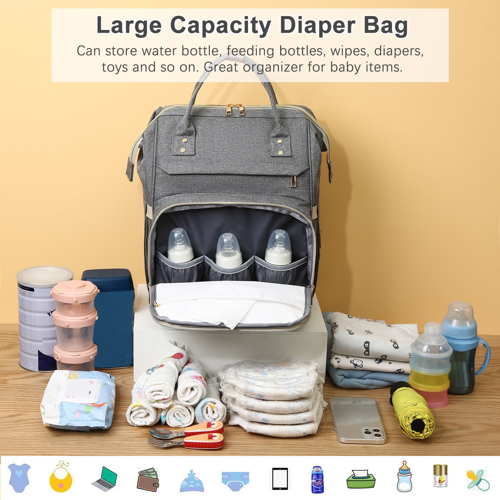 Large Capacity Portable Diaper Bag Backpack - Water-Resistant Baby Travel Nursing Bag with USB Charging Port, Stroller Straps, and 3 Insulated Pockets for Baby Bottles