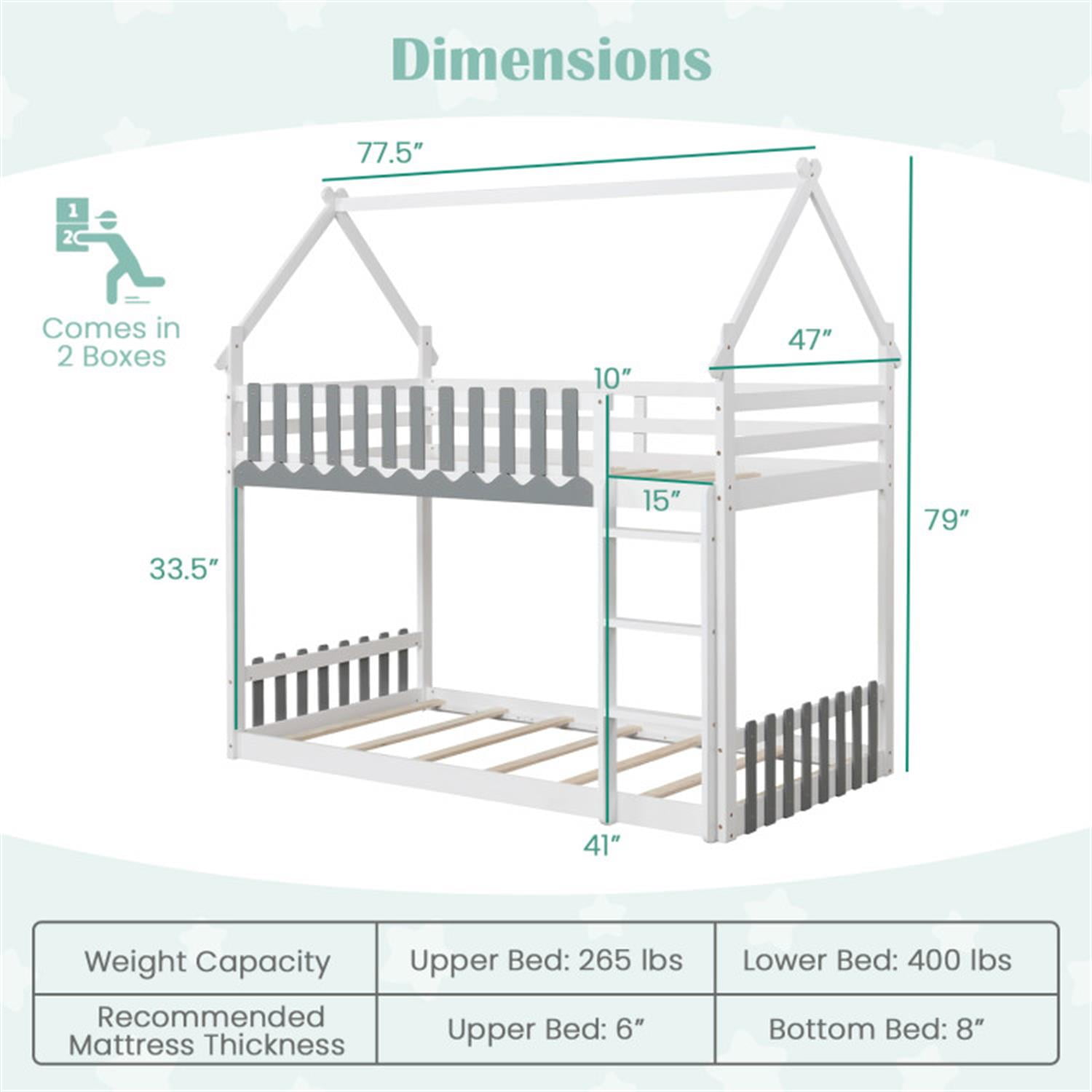 Demi Bonn Twin Over Twin Bunk Bed with Fence and Ladder, Twin Bunk Solid Wood Low Beds, Bed Frame, White