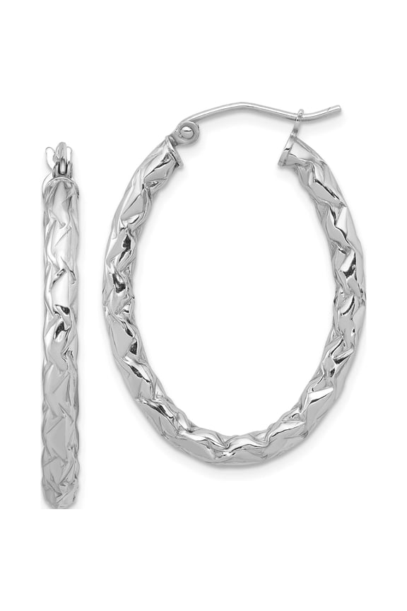 Sterling Silver Rh-Plated D/C Textured 3mm Oval Hoop Earrings (33 X 24) Made In Indonesia qe11582