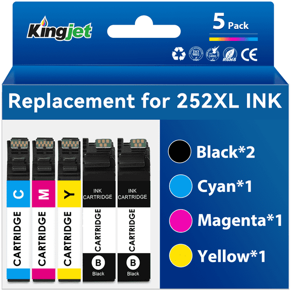 252XL Ink Replacement for Epson 252 Ink Replacement for Epson 252XL Ink Cartridges (2 Black Cyan Magenta Yellow, 5 Pack)