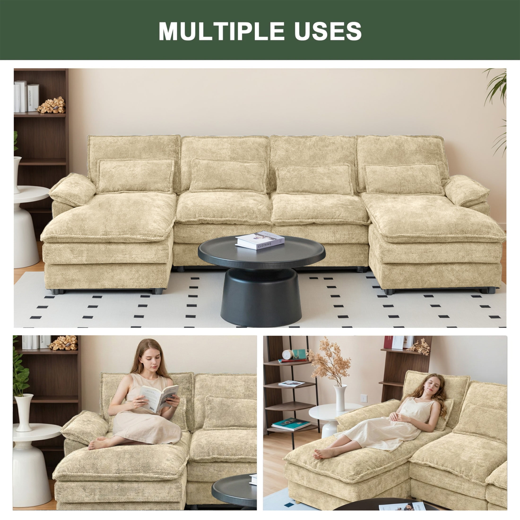 SOULART 110" Cloud Sofa,Khaki U shaped Sectional couches for living room, modular couch with Chaise