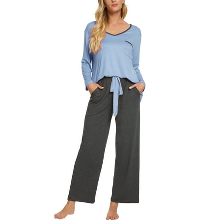 

cheibear Women s Pajama Set Soft Modal Contrast Color Long Sleeve Shirt and Pants Sleepwear 2pcs