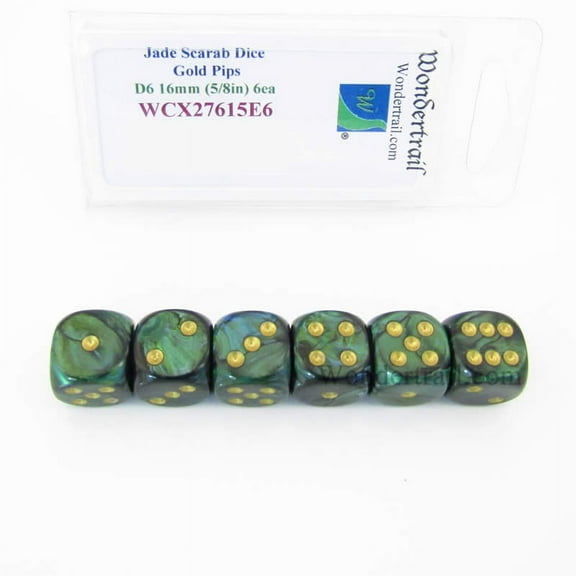 Jade Scarab Dice with Gold Pips 16mm (5/8in) D6 Set of 6 Wondertrail