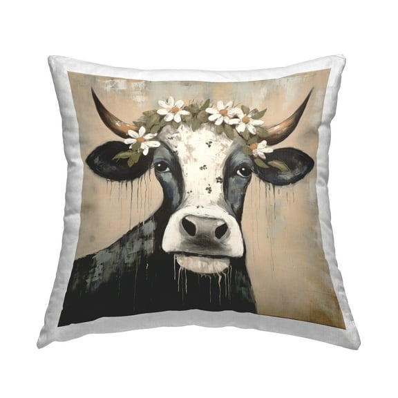 Stupell Industries Modern Cow & Daisy Crown Decorative Printed Throw Pillow, 18 x 18