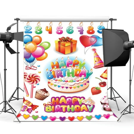 Image of 5x7ft Happy Birthday Backdrop Balloons Lollipops Sweet Hearts Gifts Cupcakes Alphabet Numbers Candles Ribbon Photography Background Baby Shower Boys Girls Party Photo Studio Props