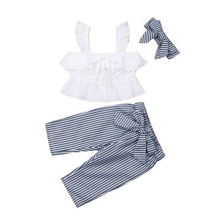 

Girls 3 Pieces Outfit Sleeveless Shirt Vest with Stripe Pants and Headband Suit
