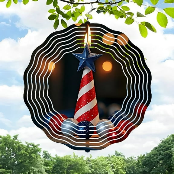 3D Metal Hanging Wind Spinner - Striped Red & White Spiral Design with Star - Decorative Yard & Garden Art