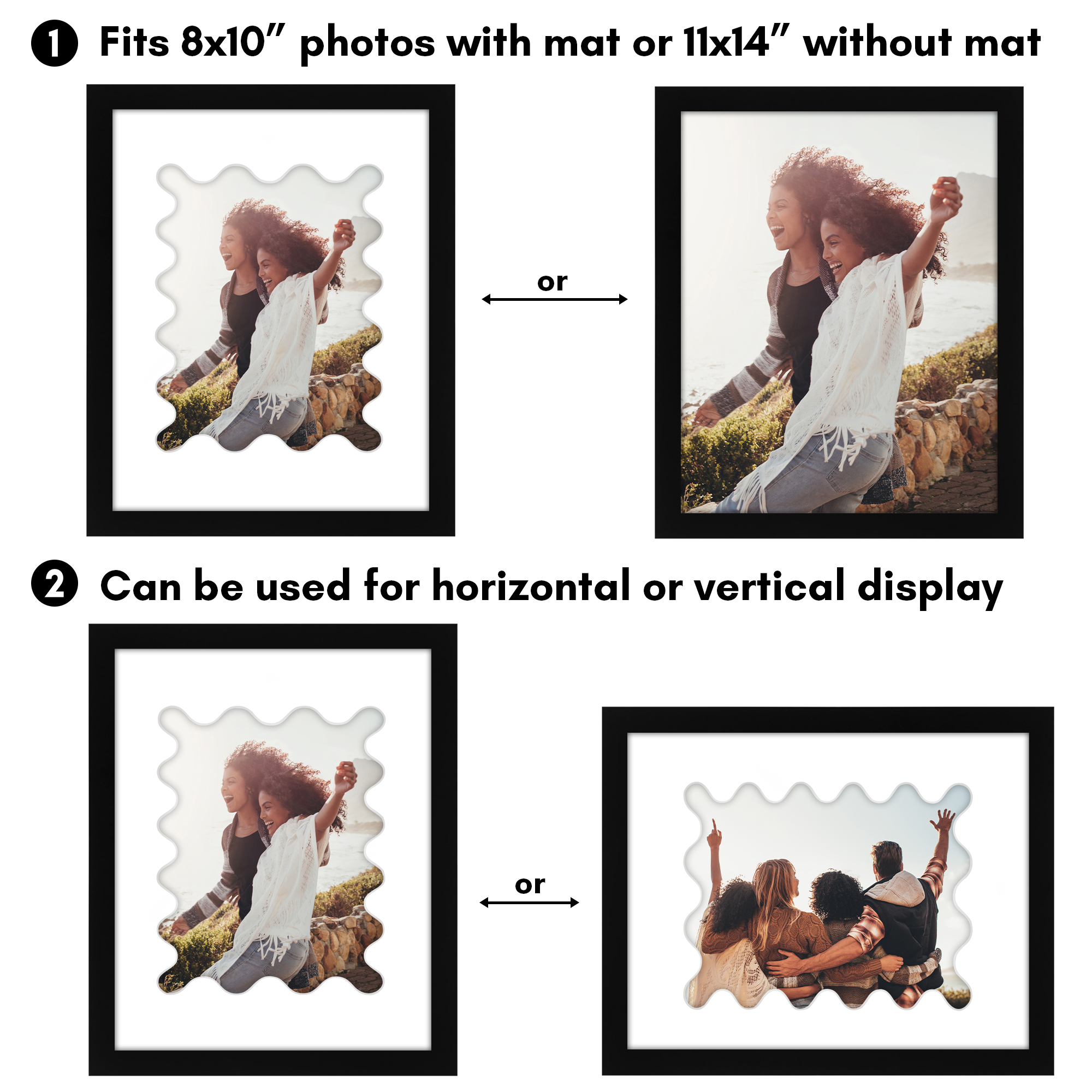 Americanflat 11x14 Picture Framewith Wavy Mat Shatter-Resistant Glass elevate cherished photos - Black