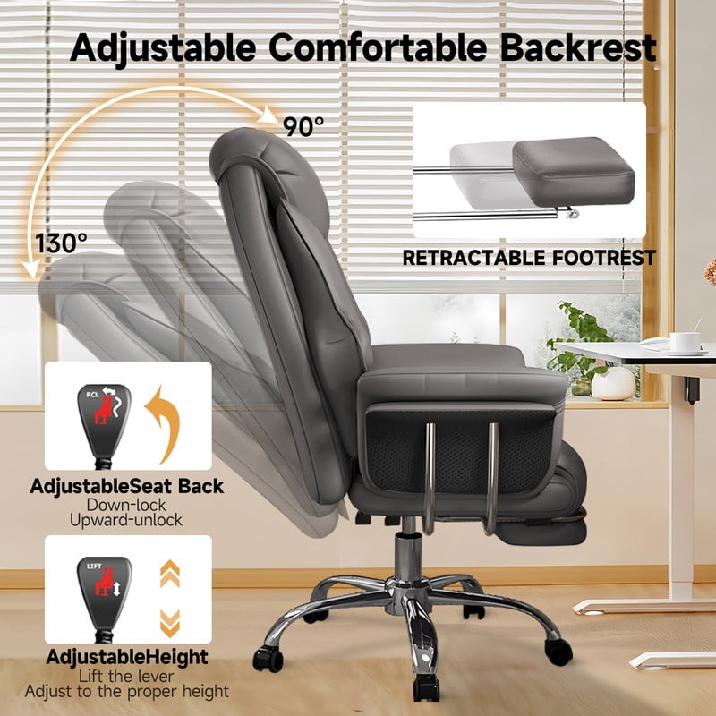 XUEGW Heavy-Duty 550 lbs Big and Tall Office Chair, Wide Seat Leather XUEGW Ergonomic Executive Desk Chair with Leg Rest, Adjustable Height Computer Gaming Chair, Gray