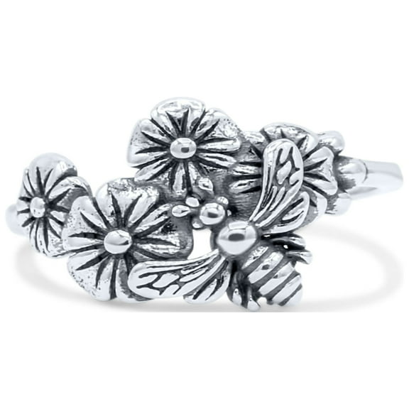 Antiqued Designer Flowers With Bee Oxidized Ring Band 925 Sterling Silver Size 4