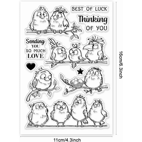 1sheet Funny Birds Branches Clear Stamps Cartoon Animals Silicone Clear Stamp Seals Transparent Stamps for Scrapbooking Cards Making Photo Album Journal 6.3x4.3inch