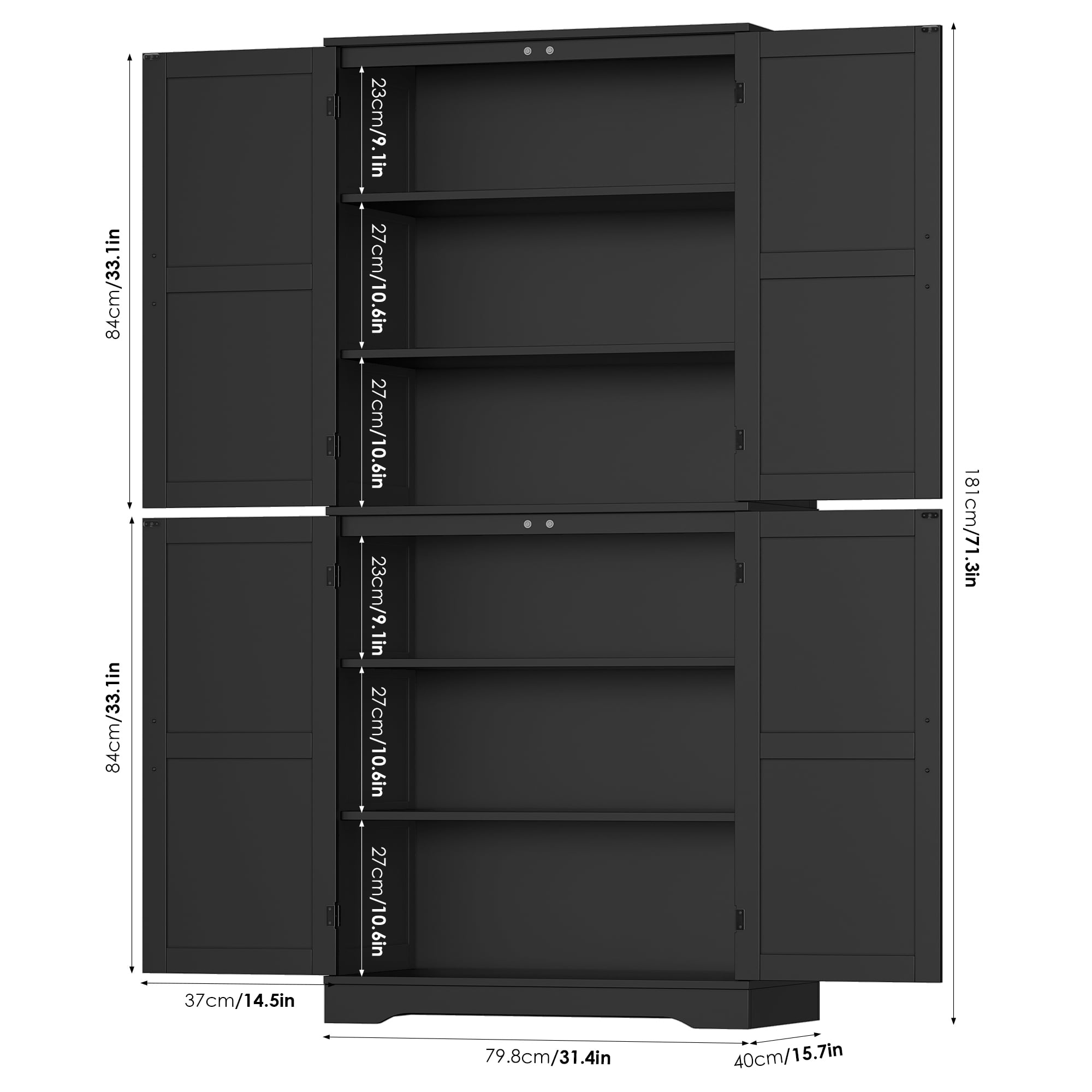 Homfa 71'' Kitchen Pantry Cabinet with 4 Doors, Modern Black Storage Cabinet for Dining Room Living Room