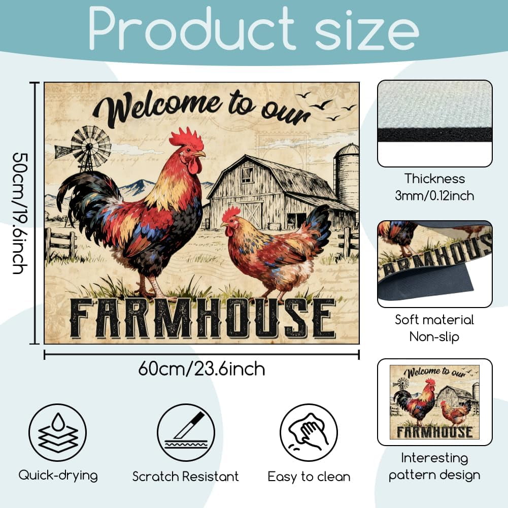 Retro Farm Rooster Laundry Room Washer Dryer Dust Cover Mat 23.6x19.7inch Welcome Cock Washing Machine Top Protector Pads Vintage
