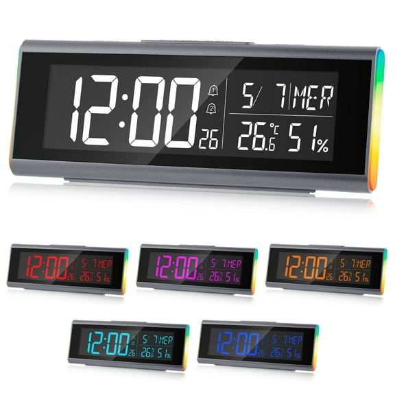 Onekawa 9" Desk Alarm Clock,Colorful LED Digital Clocks,Dimmer Bedside Clock with Adjustable Dual Alarm and Snooze,12/24H, DST for Home, Office, Elderly,Black
