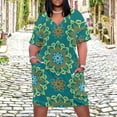 thumbnail image 2 of Teal Floral Mandala Seamless Pattern Women's Loose Short Sleeve Dress Casual Summer Plus Size Long Dresses with Pockets, 2 of 5