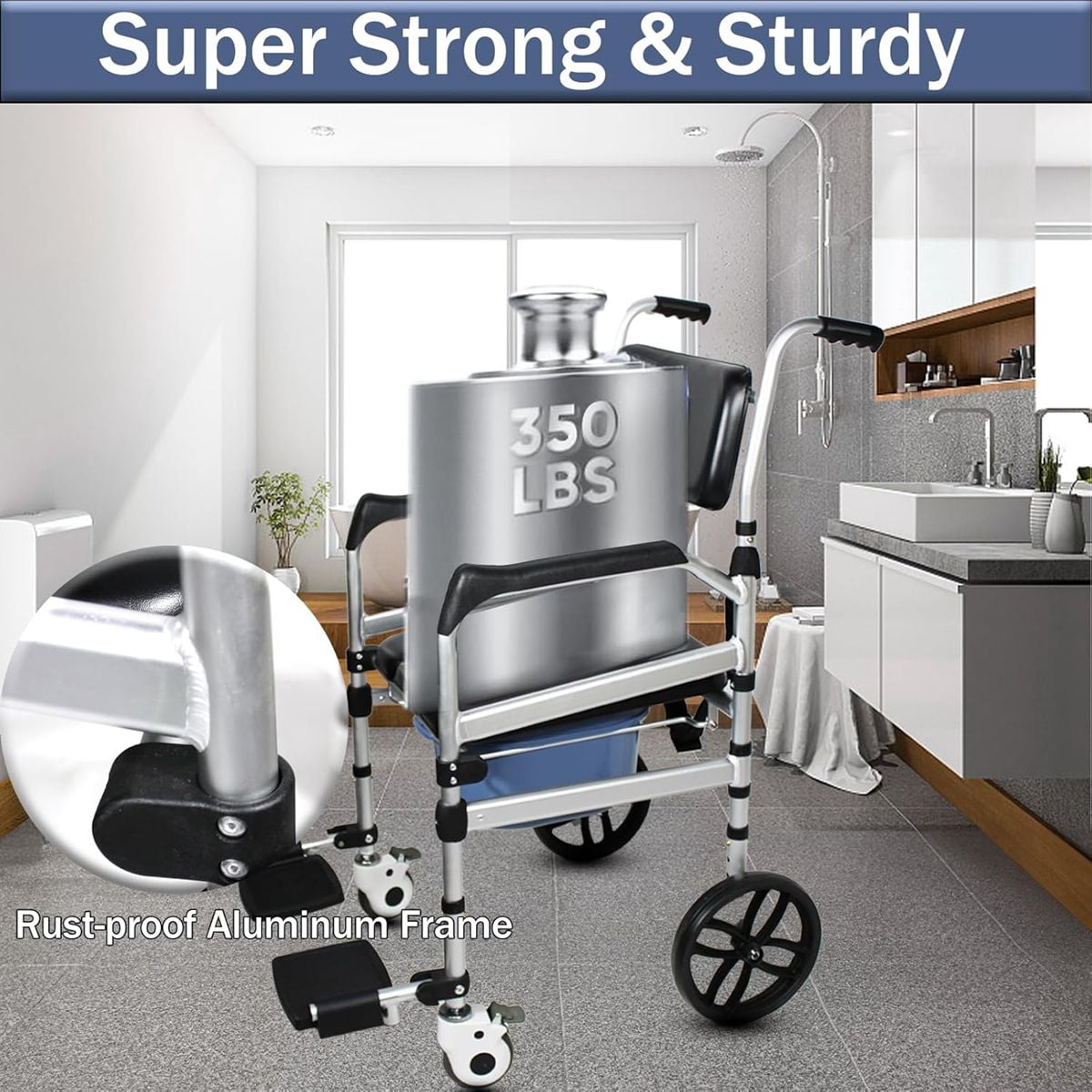 Magicorange Folding Bedside Commode with Bucket & Wheels, 350lbs Load Capacity Padded Mobility Shower Chair with Soft Backrest for Senior & Handicap