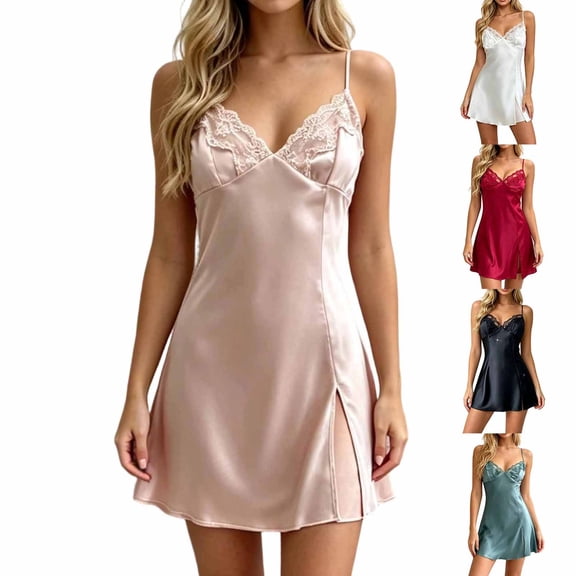 Women's Lace Bust V Neck Silky Satin Mini Slip Nightgown, Adjustable Spaghetti Strap Backless Ice Silk Sleep Dress for Honeymoon Loungewear Beige XL(XL)