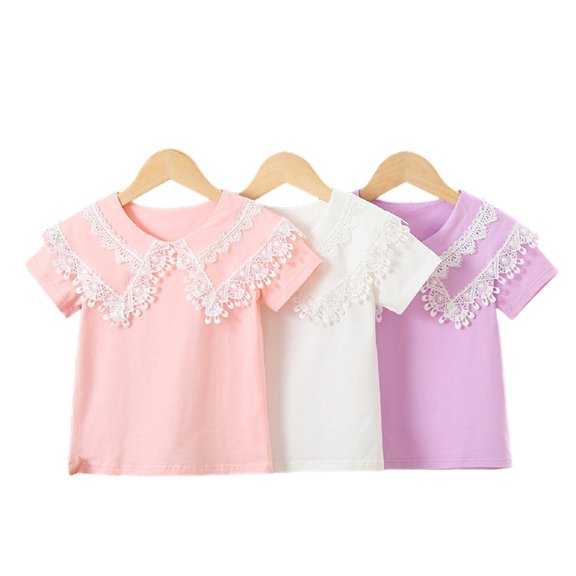 FLMEI 3-11Y Kids Summer Shirts for Girls Ruffle Princess Collar Shirt Toddler Short Sleeve Button Down Pullover Shirt